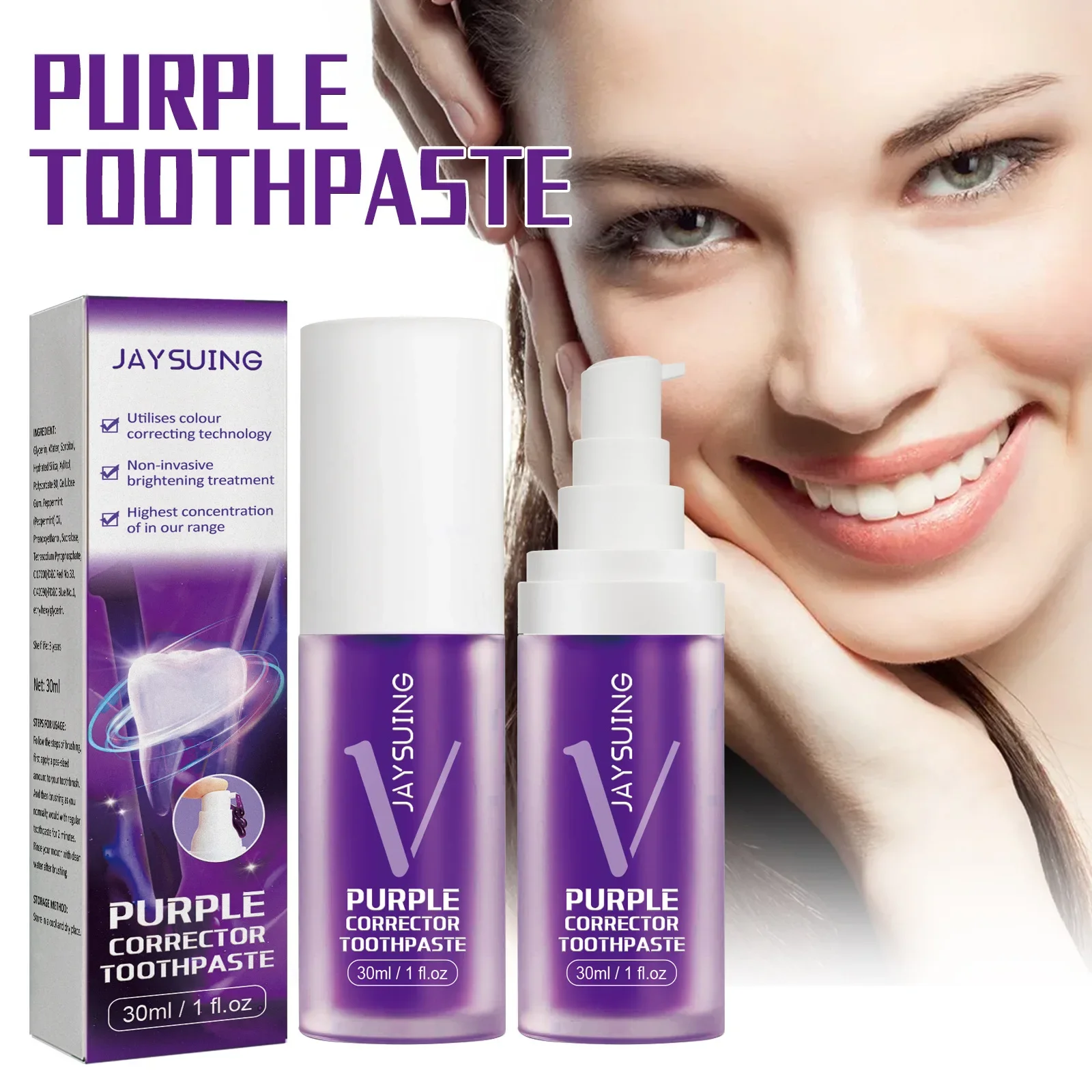 V34 Purple Color Corrector Toothpaste 30ml Instant Smile Brightening Enamel Repair Fresh Breath Whitening Teeth Toothpaste