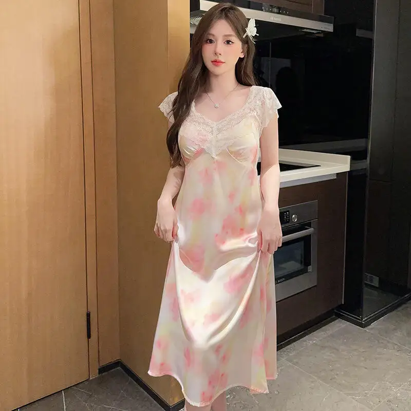 Women's Summer Camisole Nightgown Sweet Beauty Style Lace Jumpsuit Pajamas Spicy Waist Cinched Home Clothe Medium Long Nightgown