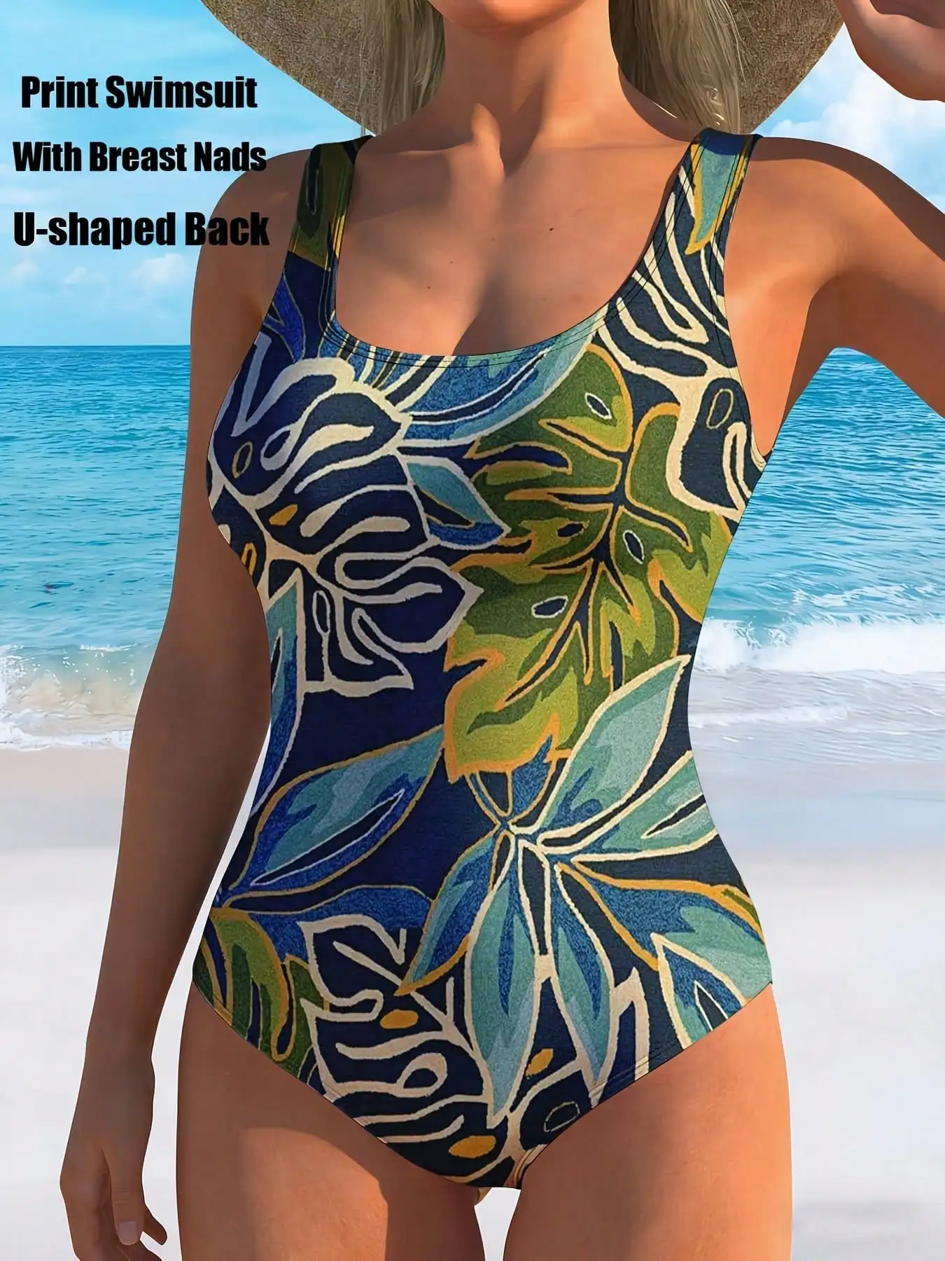 

Print One Piece Swimsuit With Breast Pads U Shaped Back Tropical Leaf Pattern
