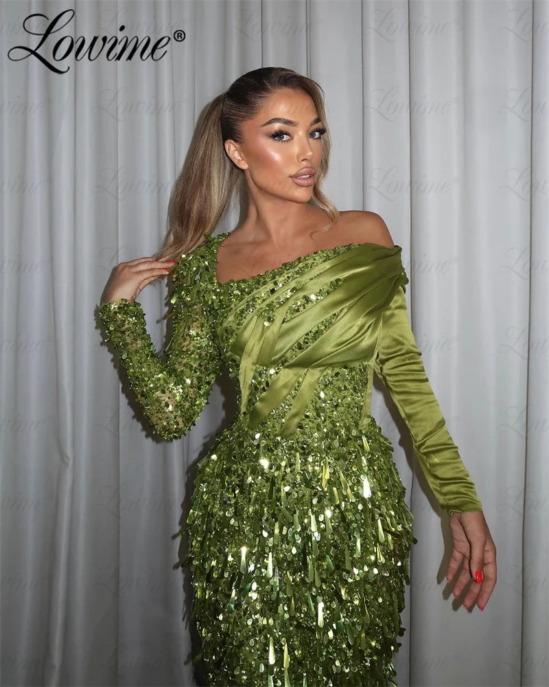 Green Sequined Long Sleeves Formal Evening Dress 2024 Mermaid Aso Ebi Mermaid Prom Dresses Party Second Reception Birthday Dress