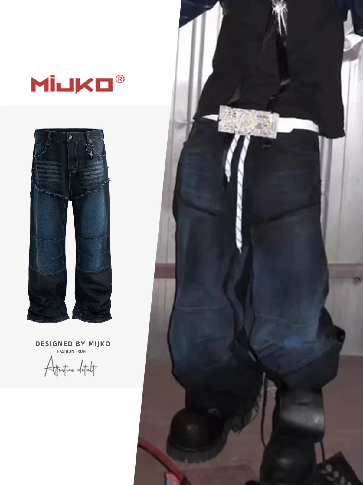 

MIJKO Men Jeans American Double Knee Straight Jean