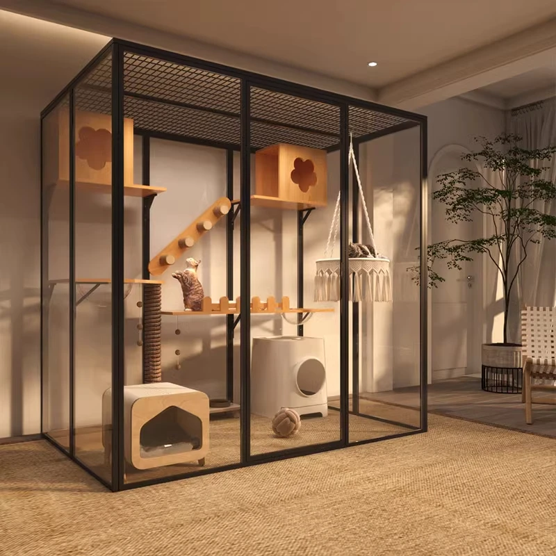 Panoramic household cat villa cat cage large free space solid wood villa large indoor glass cat room