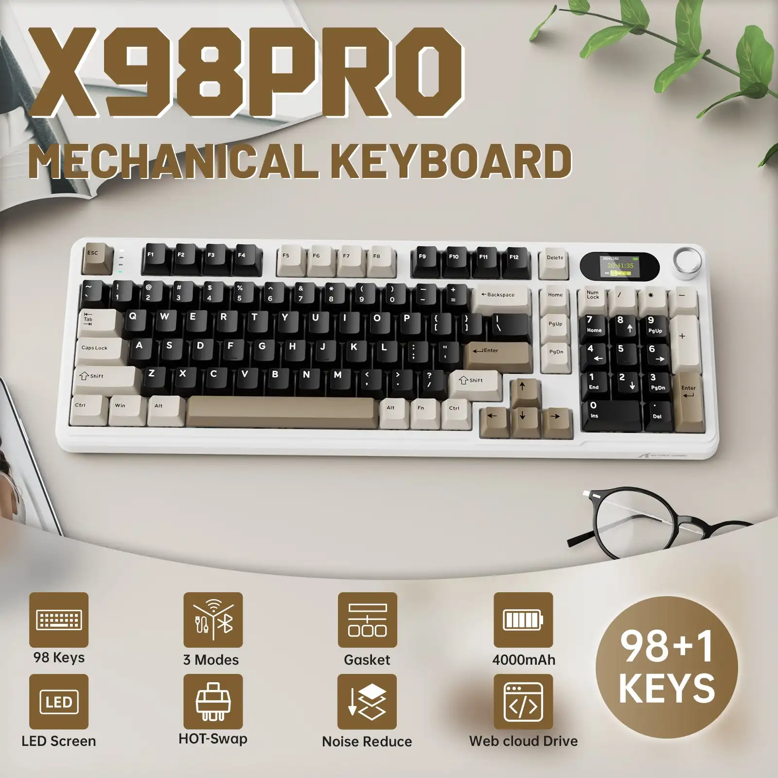 Attack Shark X98 Pro Gaming Mechanical Keyboard Tri-Mode Bluetooth Wired 98 Keys TFT Screen CNC Knob Hot-Swap Gasket Mount RGB