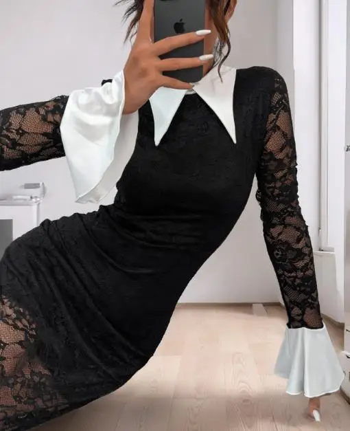 

2025 Women's Fashion Spring Summer Sexy New Lace Patchwork Dress with Black White Contrasting Lapel Elegant Slim Fit Long Skirt