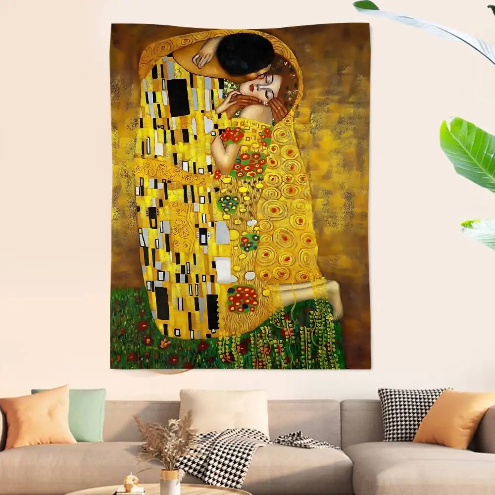 Gustav Klimt The Kiss Colorful Tapestry Wall Hanging Hanging Tarot Hippie Wall Rugs Dorm Wall Art Decor
