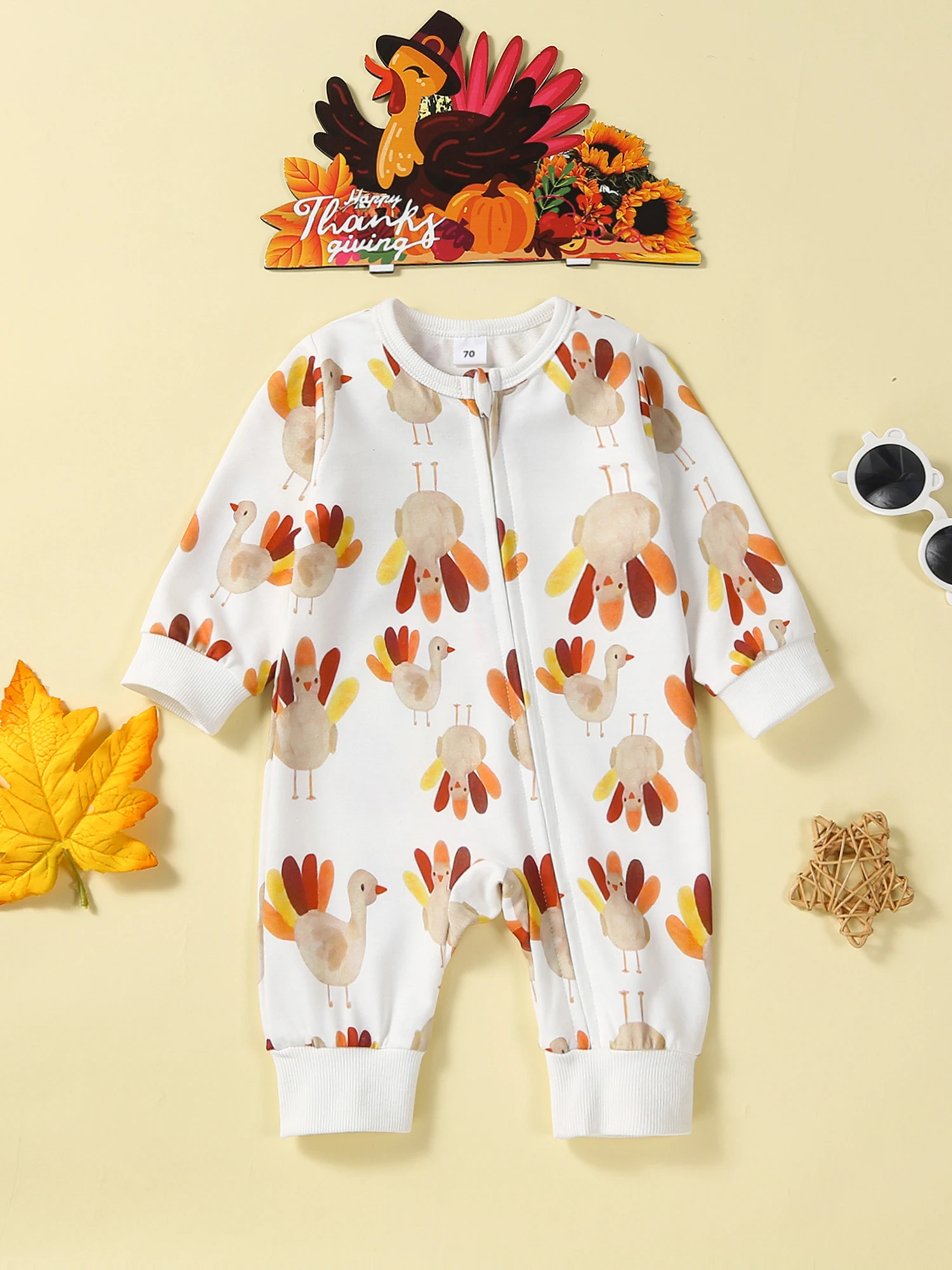 Cute Turkey Print Baby Romper Long Sleeve Crew Neck Jumpsuit for Thanksgiving Adorable Fall Outfit for Boys and Girls