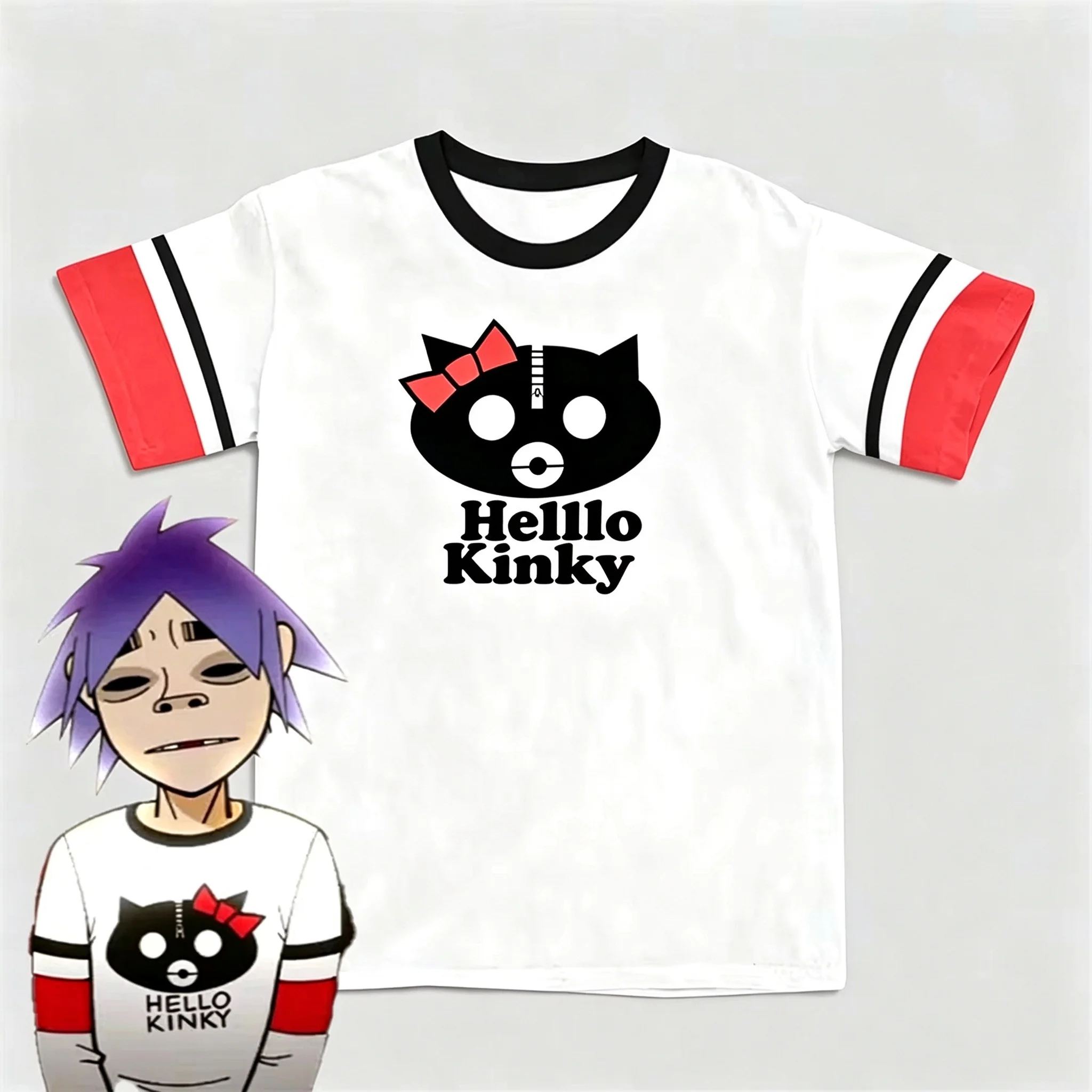 European and American Virtual Cartoon Character Printed Short Sleeved T-shirt with Black Cat Print Retro Casual Couple Top