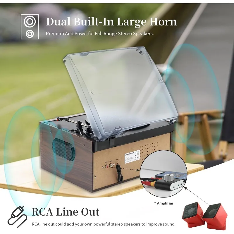 مشغل تسجيل 9 في 1 3 سرعات بلوتوث عتيق قرص دوار CD كاسيت فينيل AM/FM راديو USB/SD تشغيل Aux-in RCA Line-out