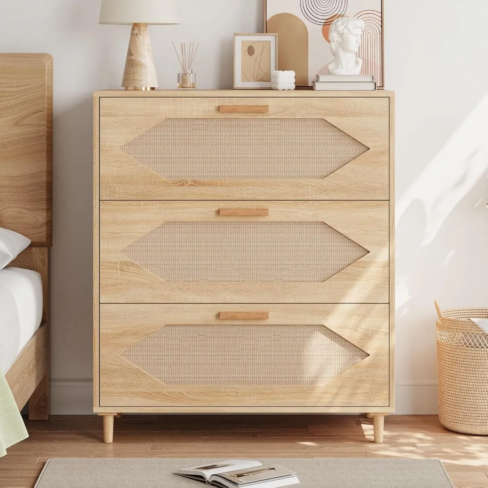 

3 Drawer Rattan Dresser for Bedroom, Rattan Modern Dresser Wood Chest of Drawers, Wooden Storage Cabinets