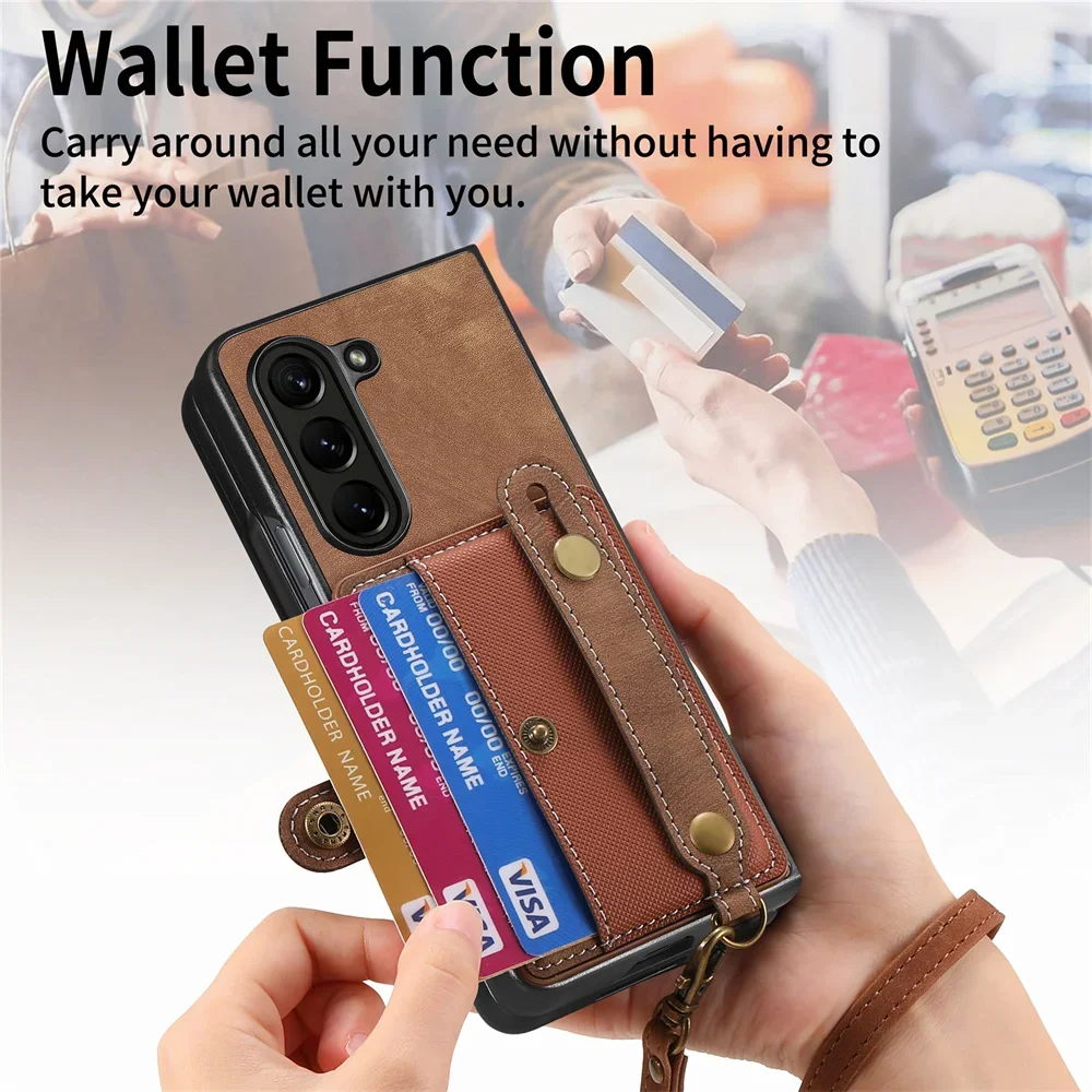 Wrist Strap PU Leather Stand Phone Case For Samsung Galaxy Z Fold 6 5 Fold6 Fold5 5G Wallet with Card Holder Shockproof Cover