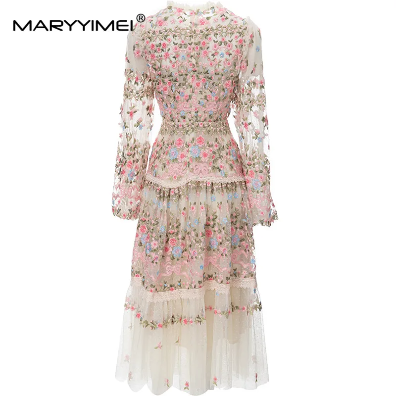 MARYYIMEI Vintage Fashion Designer Dress Women's Mesh Embroidered Translucent Lantern Sleeve Slim White Midi Dresses 2023 Newest