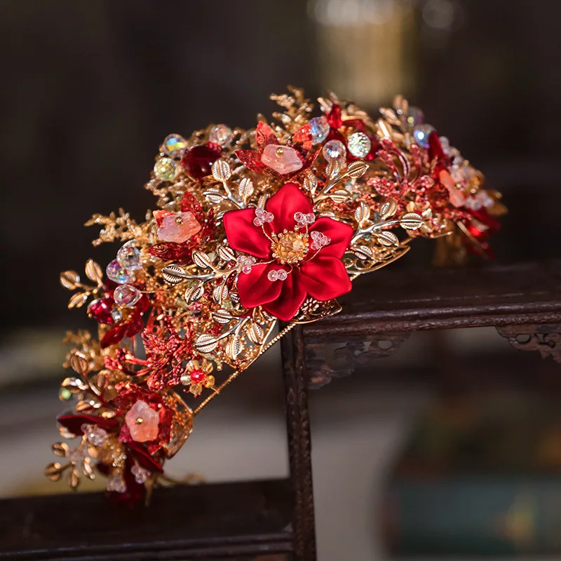 Xiuhe Headdress High-End Elegant Red Coronet Chinese Retro Step Shake Hair Accessories and Dress Accessories Small