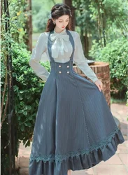 England Style Elegant Women Embroidered Ribbon Bow Shirt Tops & Bandage Striped Blue Long Skirt Outfits Victorian 2pcs Dress