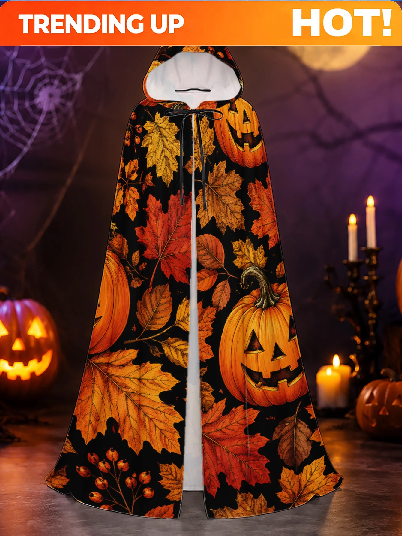 Customization 1pc, Long Adult Costume Cape With Pumpkins Amid Autumn Leaves Pattern, Hooded Polyester Cloak For Halloween And Ch