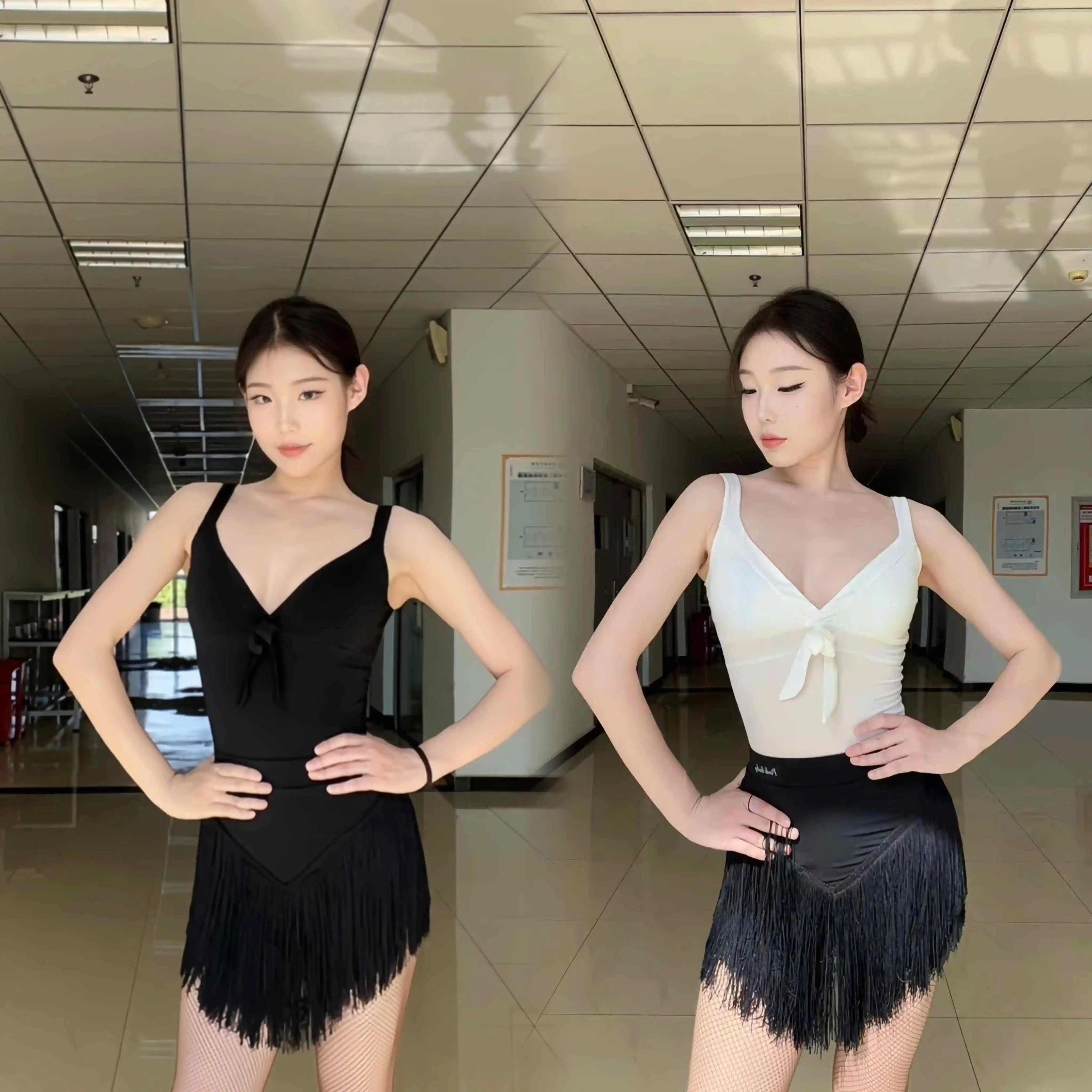 

2025 Latin Dance Costumes For Adult Sexy Strap Top Tassel Skirt Split Suit Chacha Rumba Tango Latin Practice Wear Women DQS19784