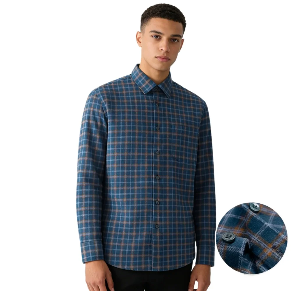 

100% Cotton for Men Slim Fit Casual Plain Shirt Soft Designer Clothe Brushed Vintage Single Pocket Plaid Long Sleeve Shirts