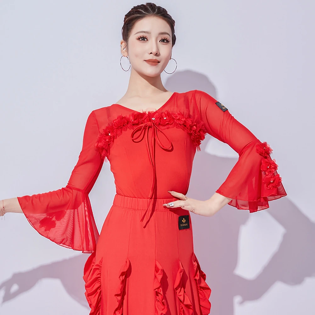 

Horn sleeve ballroom dancing competition women's jumpsuit women's red new black modern dance top performance clothing