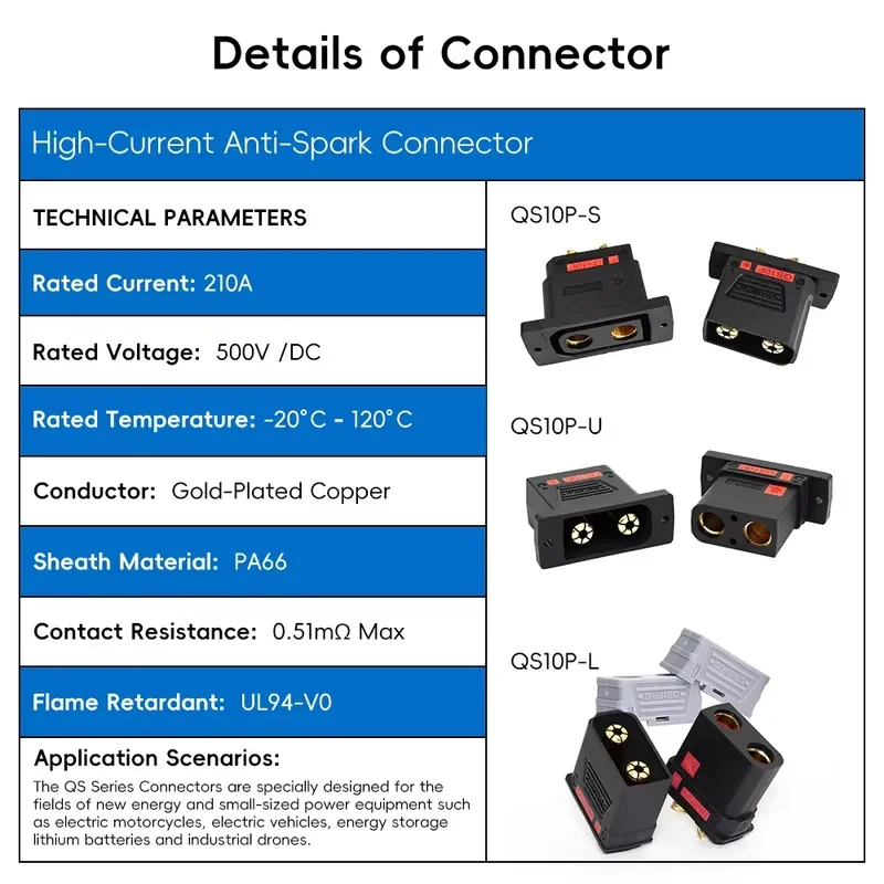 QS10P-L Female Plug 210A Anti-Spark Connector 500V DC Gold Pin PA66 UL94-V0 EV Battery Part