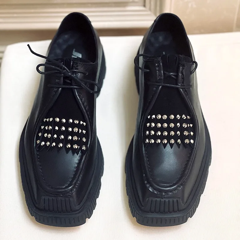 Black Fringe Rivet Platform Derby Shoes Lace Up Chunky Sole Punk Gothic Men Leather Casual Shoes