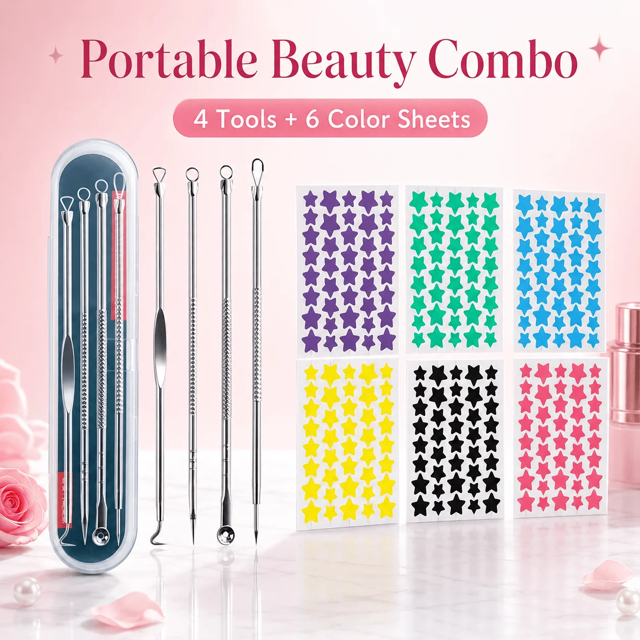 4-Piece Stainless Steel Tool Kit with Case & 6-Color Star Pimple Patch Sheets, Portable Beauty Set for Home, Travel & Daily Use.