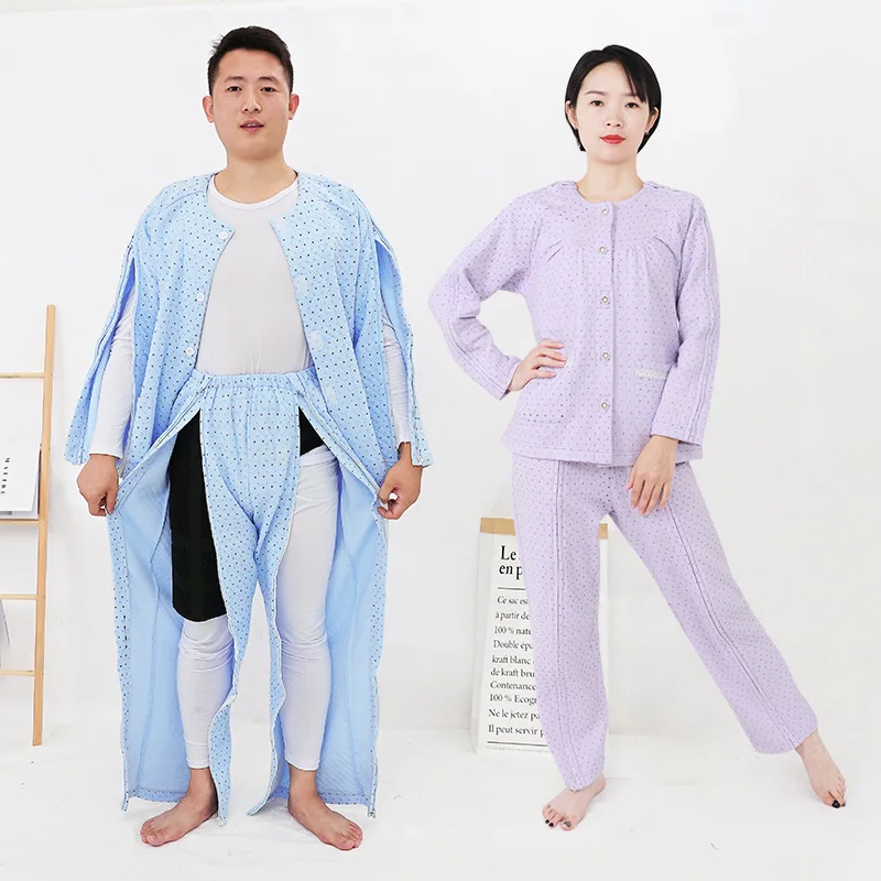 Fully Open Sticky Red and Blue Hospital Gown for Bedridden Elderly with Fracture Rehabilitation Pajamas Easy To Wear Undress