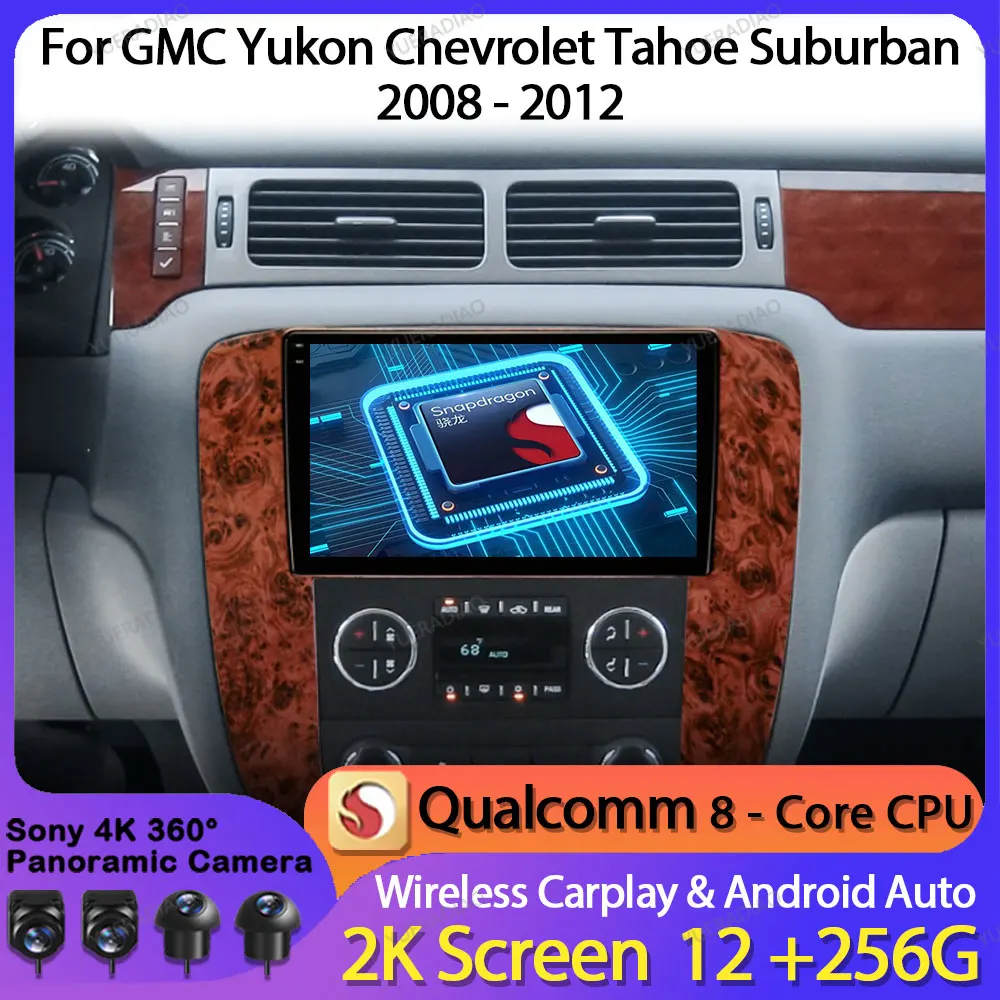 Android 14 Carplay Auto Car Radio For GMC Yukon Chevrolet Tahoe Suburban 2008 - 2012 Multimedia Stereo Video Player NAVI GPS 4G