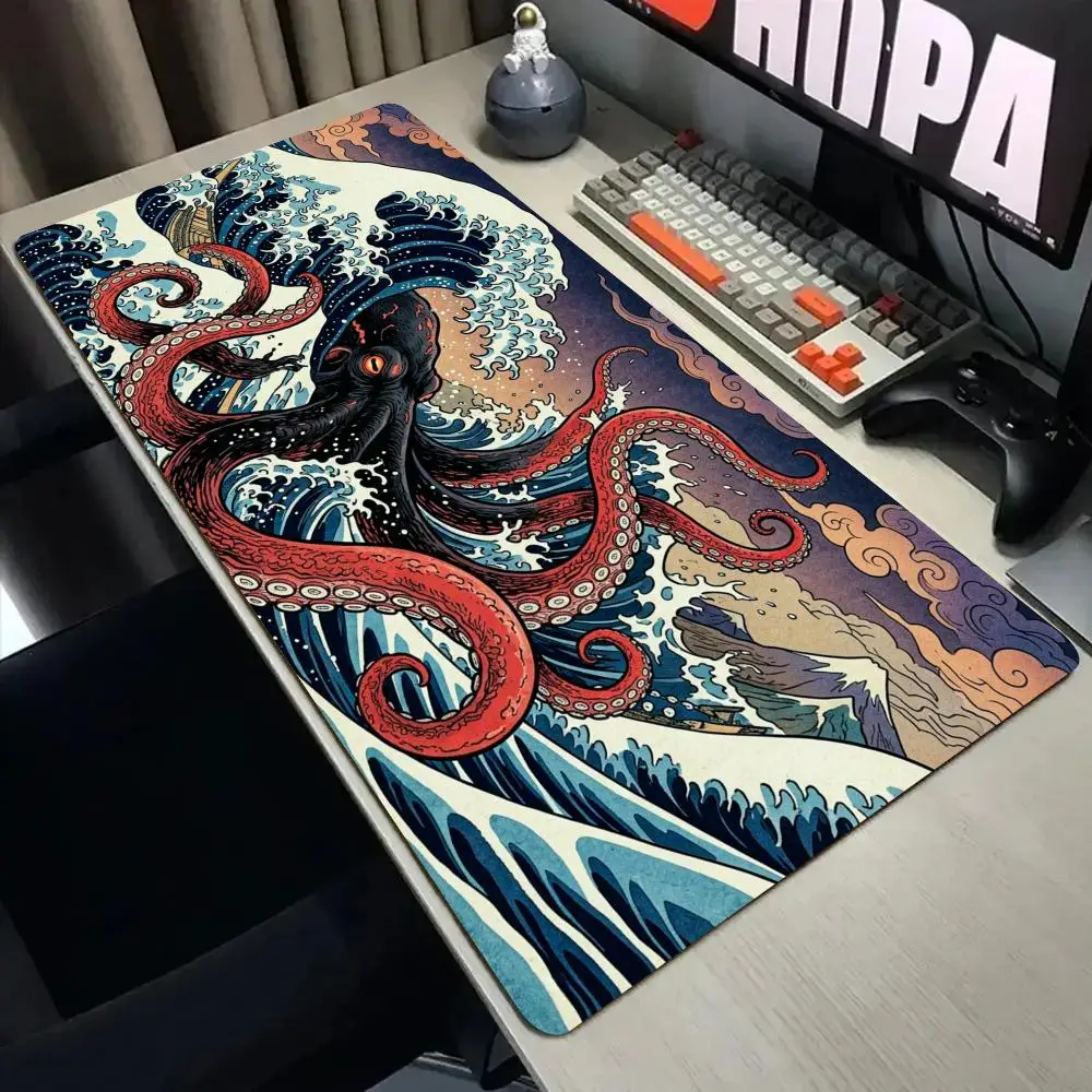 Giant Waves and Octopus Mouse Pad Desk Mat with Stitched Edge XXL Mousepads Rubber Anti-slip Gamer Keyboard Rug Gaming Mats