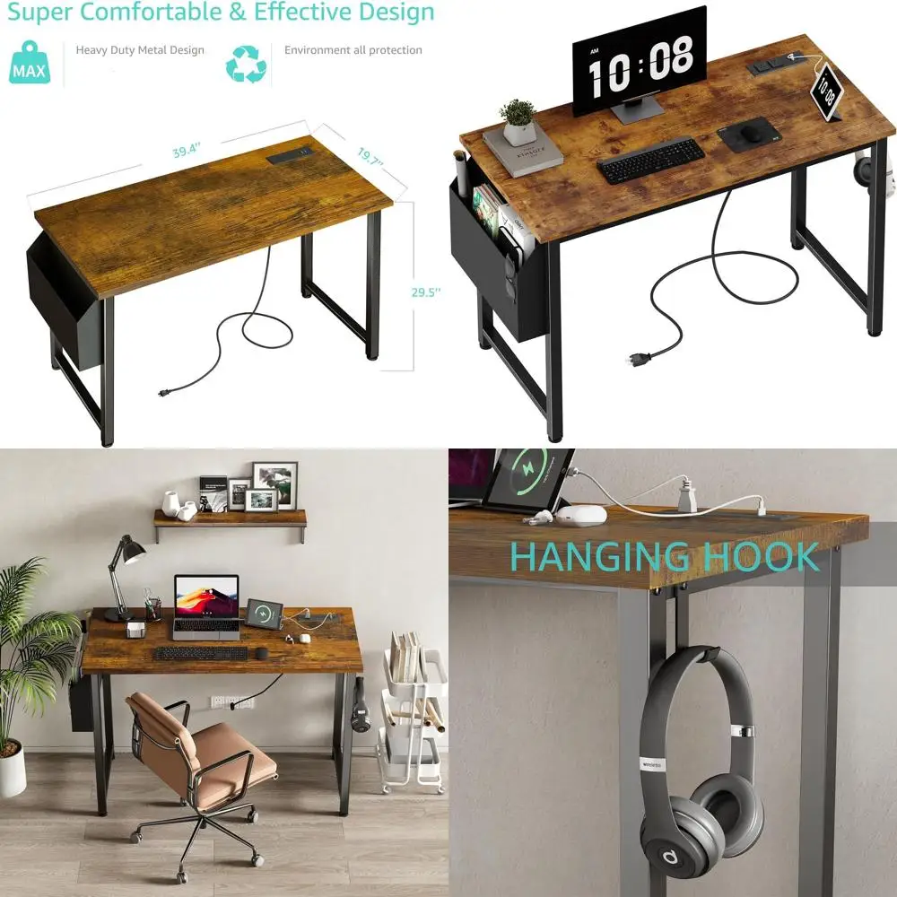 Rustic Brown 40 Computer Desk with Built-in Power Outlet and Charging Station for Teen Study and Home Office Use