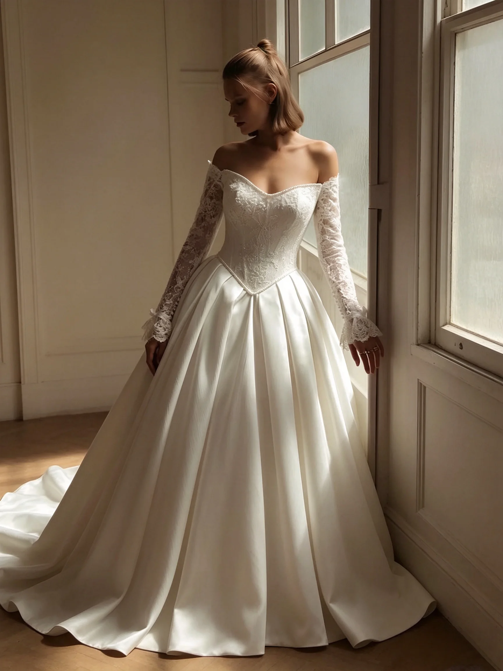 Off‑the‑Shoulder Lace Long Sleeve Wedding Dress Sweetheart Corset Bodice Satin Ball Gown Chapel Train Lace‑Up Back Custom Size