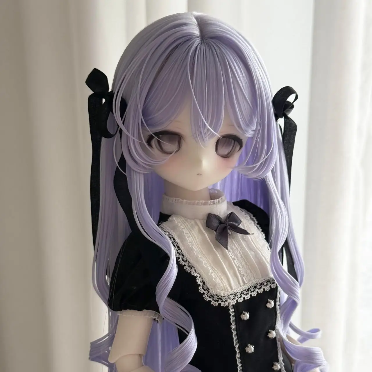 Long Wavy BJD Doll Wig With Bangs, Purple Curly Hair Ribbon, Heat Resistant Wig for 1/3 1/4 1/6 Anime Doll DIY Replacement Hair