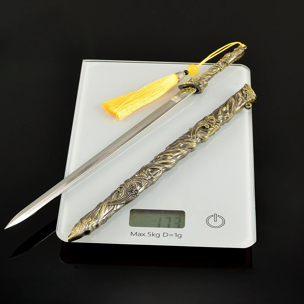 Arma fría antigua china de 30 CM, espada Tian Di Xuna Huang, modelo artesanal de Metal, adornos de escritorio coleccionables, regalos creativos, juguete para niño