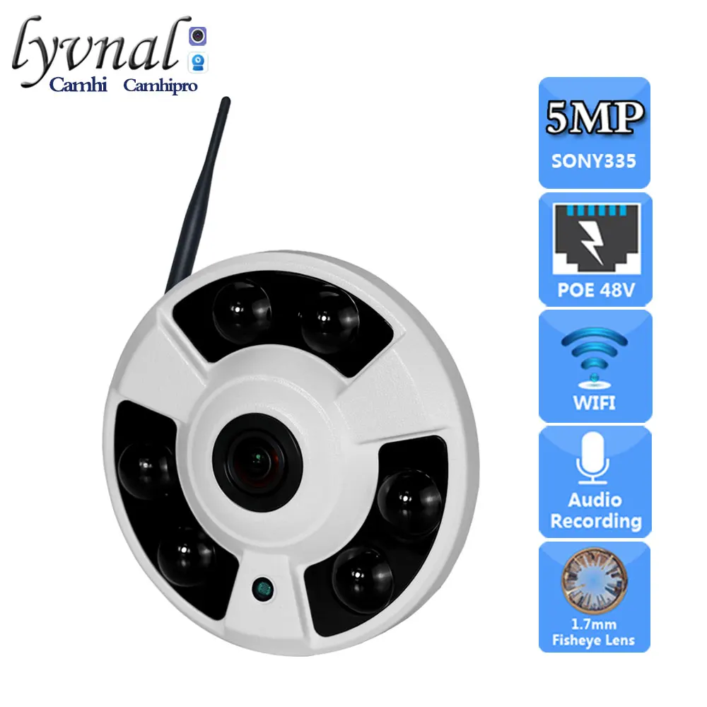 1.7mm Fisheye Lens HD 5MP SONY335 Wireless Security IP Camera Wifi Audio IR Night Vision SD Card Slot Humanoid Alarm