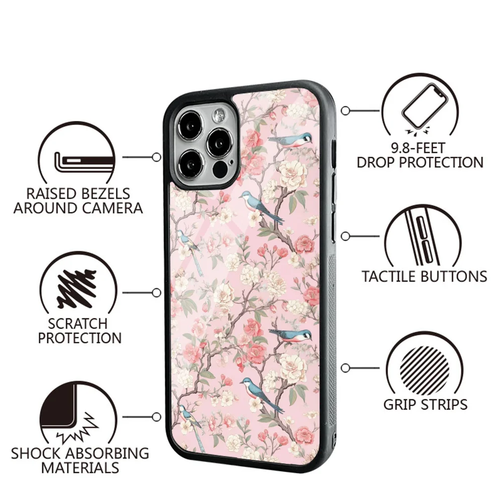 Pink Chinoiserie Birds Phone Case For IPhone 16 16pro 16plus 16promax Pro Plus Max Mirror Acrylic PC TPU Cover