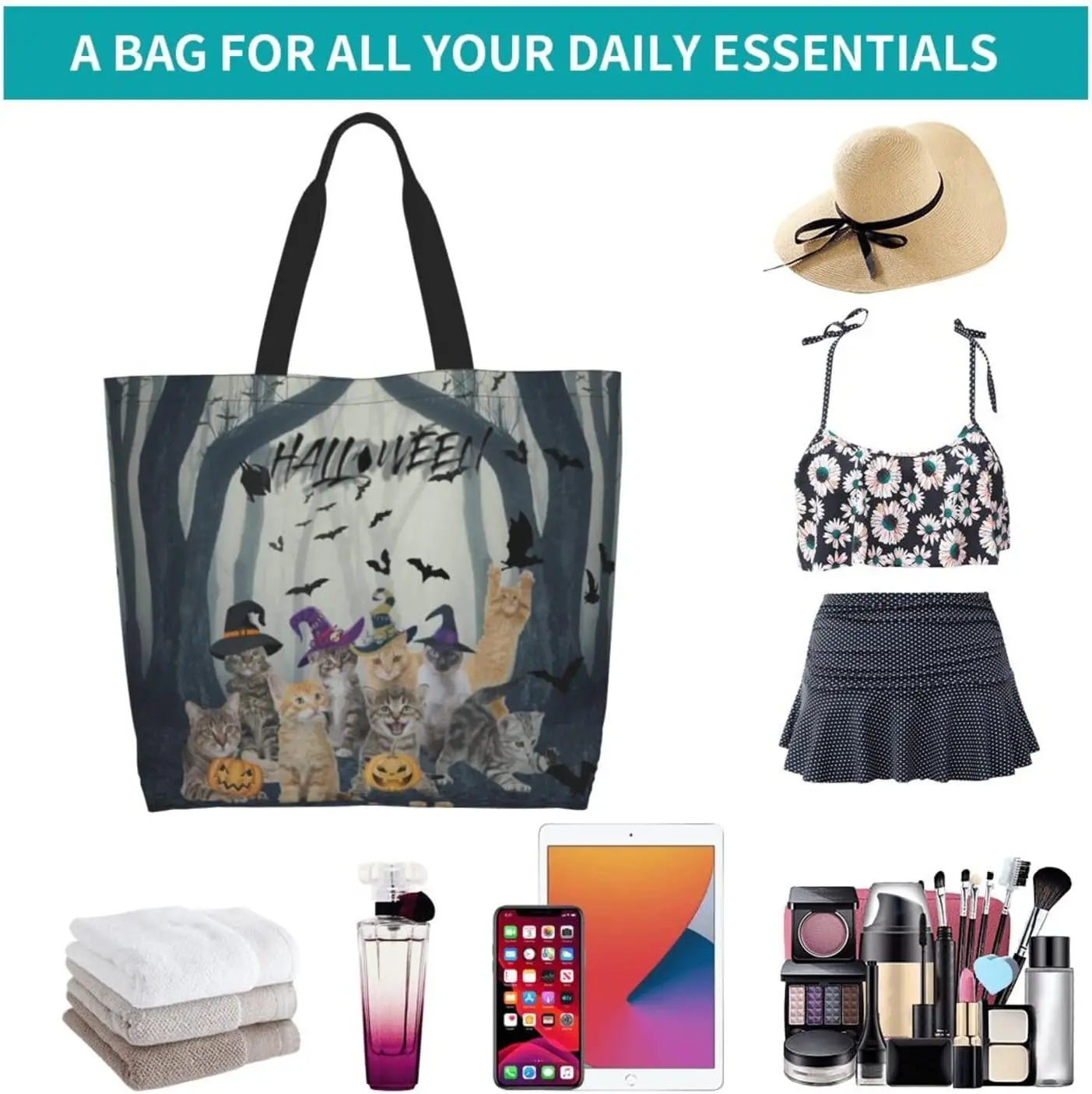 حقيبة حمل قماشية للهالوين السعيدة، حقيبة كتف للهالوين، حقائب بقالة كاجوال للخروج