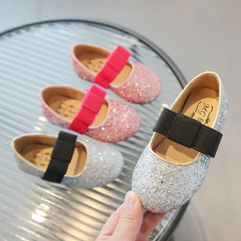 Fashion Girls' Shoes 2025 Spring New Sequined Princess Shoes Butterfly Bow Children's Shoes Girl Casual Shoe All Match Mary Jane