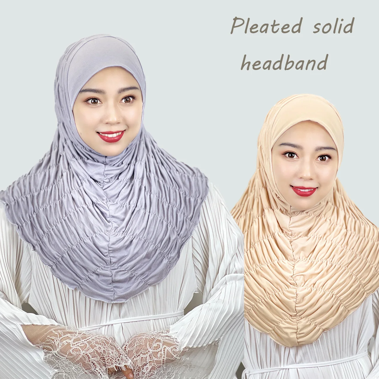 

Muslim Pleated Hijab Women's Solid Headscarf Windproof Full Wrap Elegant Scarf Women's Comfortable Easy Muslim Pullover Hat