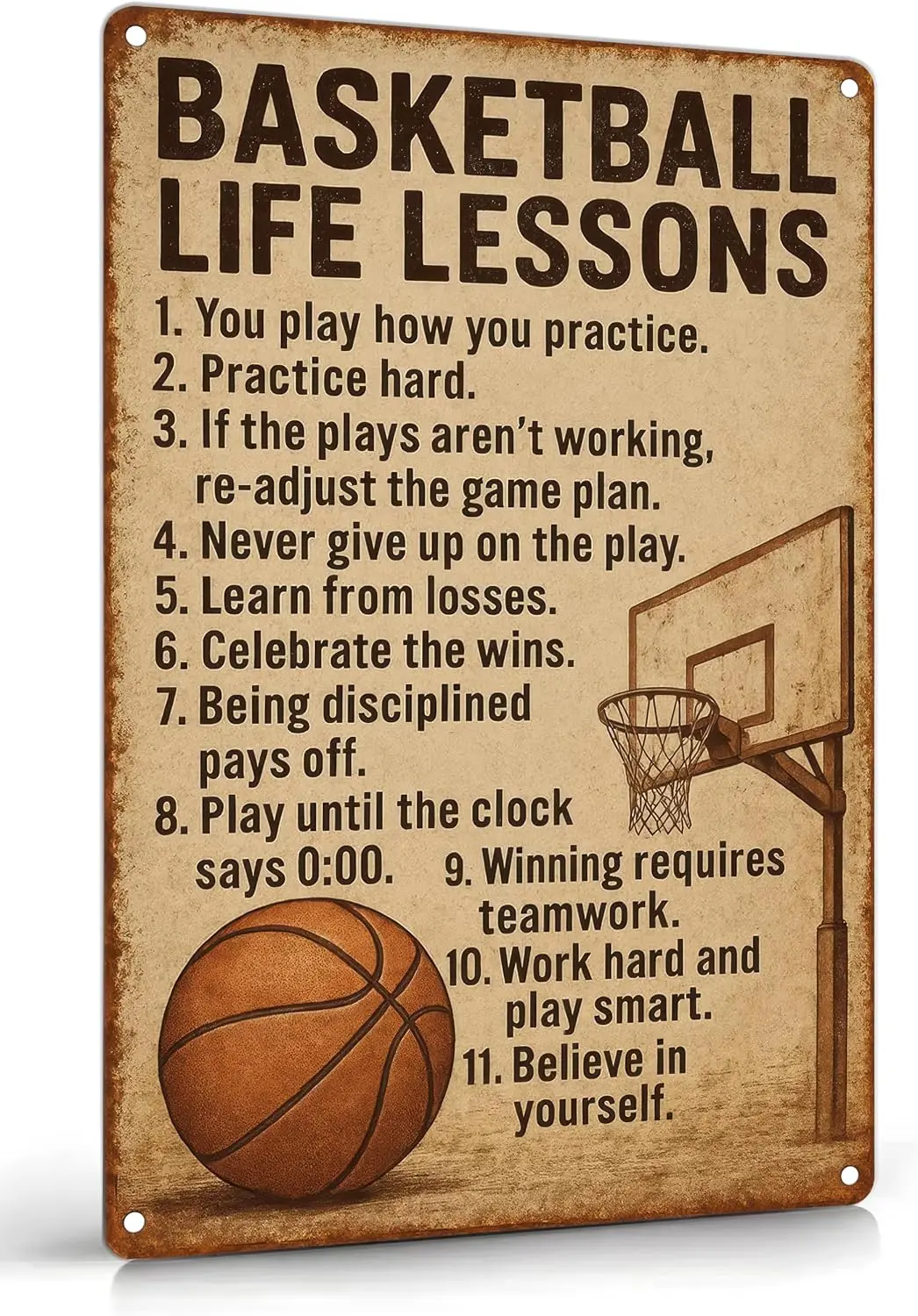 Basketball Life Lessons Metal Tin Sign, Vintage Sports Wall Art for Boys Room, Men's Man Cave, Retro Motivational Poster for