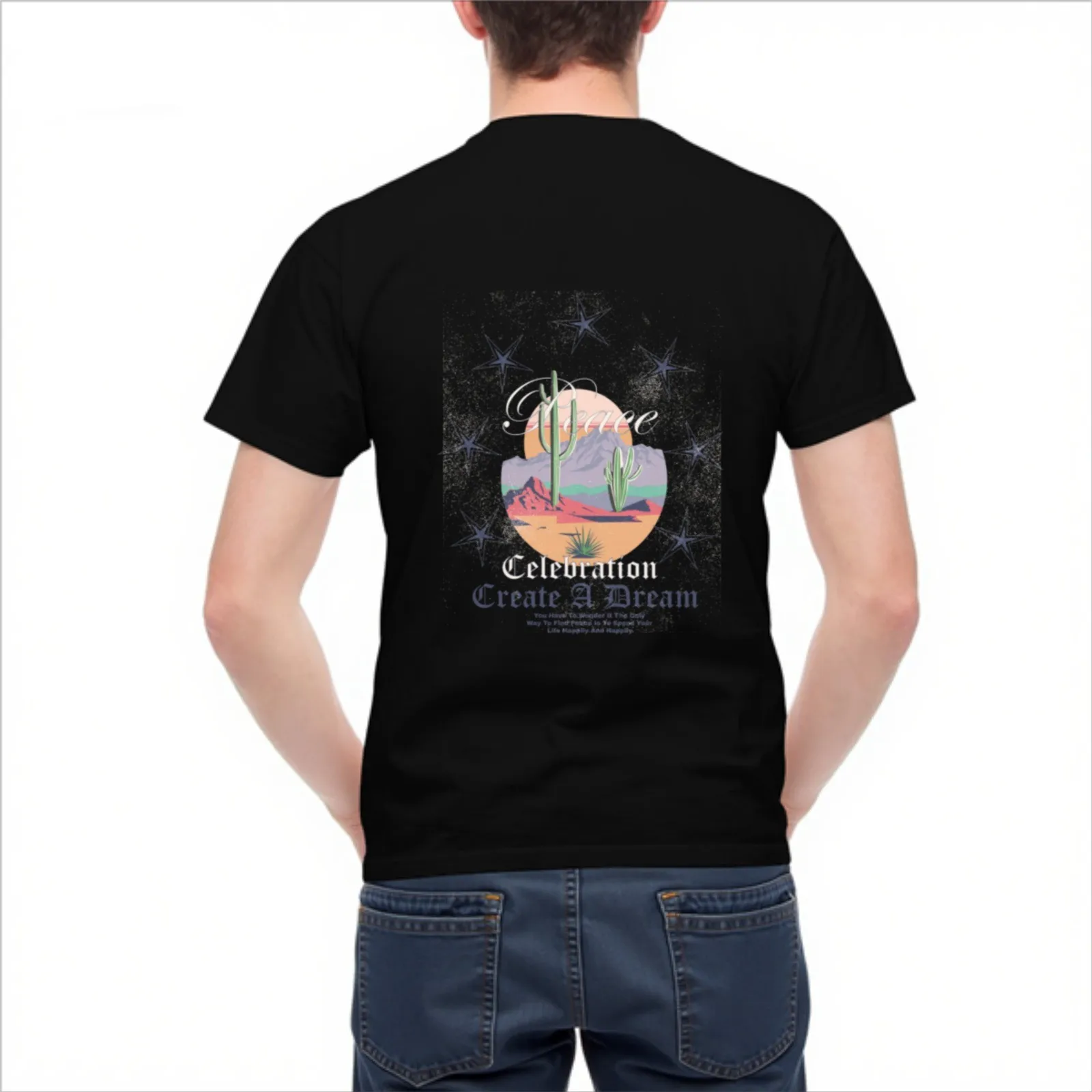 Desert Cactus Peace Celebration Create A Dream Graphic Print Men's Casual Cotton T-Shirt Daily Wear