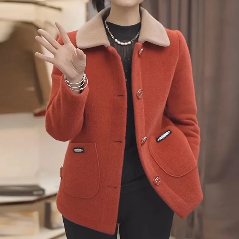 

Winter New Woolen Jacket Ladies Thick High Quality Mother Mink Fur Coat 2024 Women Middle-Aged Old Outerwear Fur Integration Top