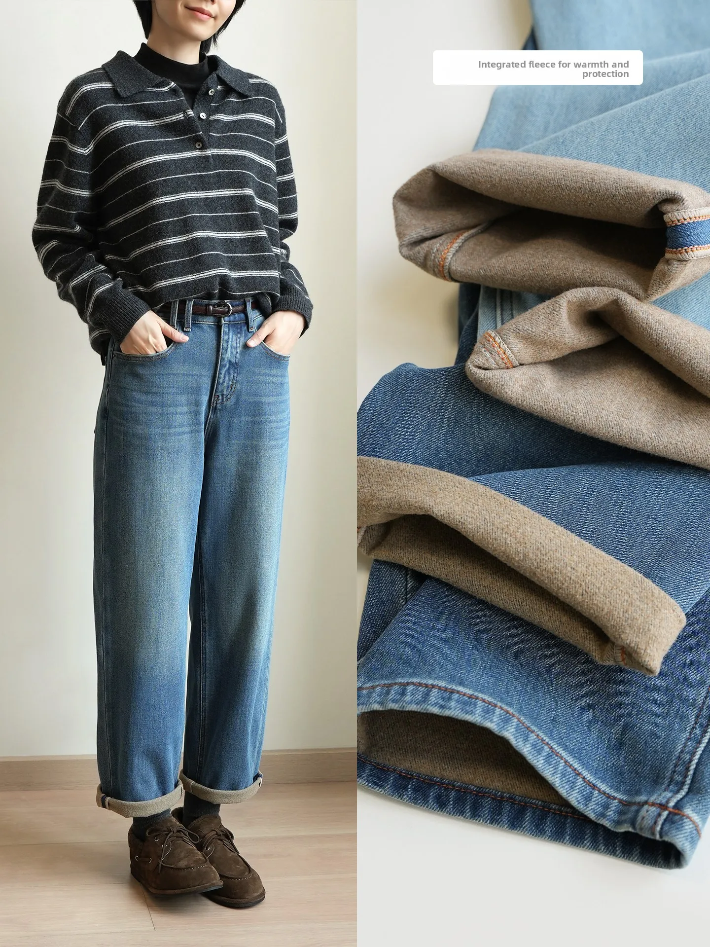 

Thiened Fce Lined Elastic Waist Denim Pants Women's Cosite Harlan Pants Cotton Blend Cone Long Trousers Casual Winter...