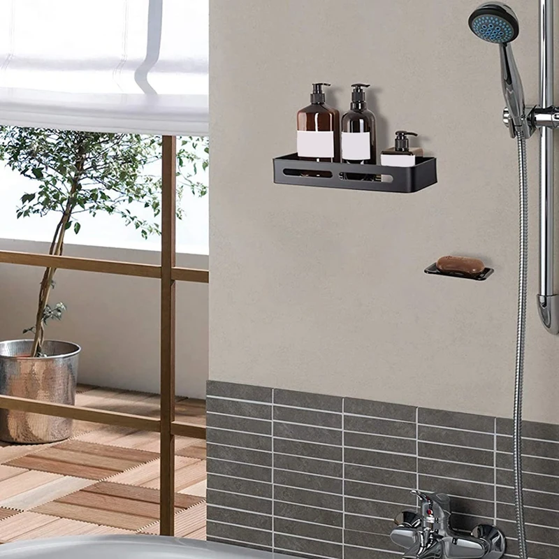 Promotion! Shower Caddy With Soap Dish Holder & Hooks, Aluminum Wall Mounted No Drilling Bathroom Baskets Shelf