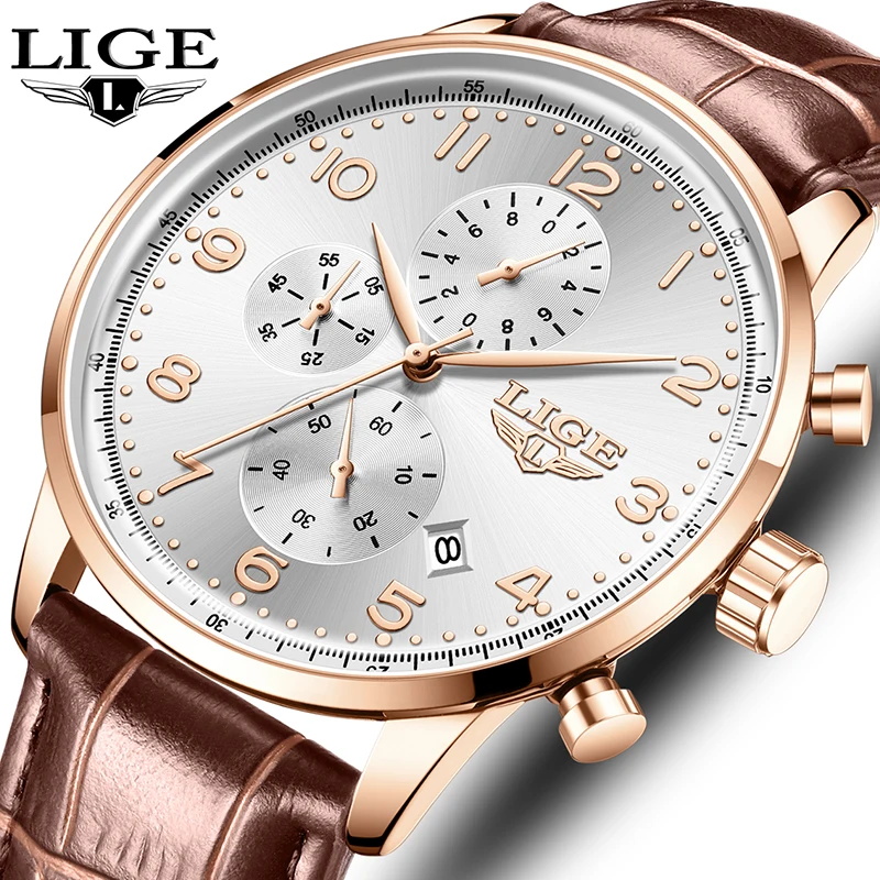 LIGE الرياضة الفاخرة الرجال ساعة كوارتز مقاوم للماء كرونوغراف تاريخ رجل ساعة اليد الأعمال جلدية ساعات رجالية ساعة Montre أوم