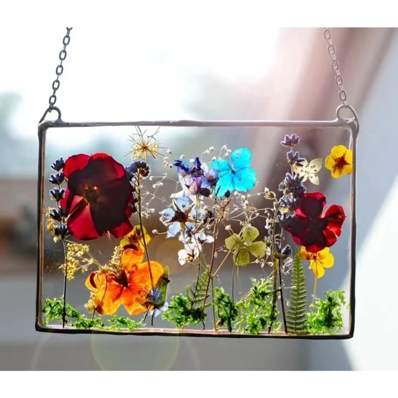 KX4B Acrylic Frame Pressed Flowers Hanging Picture Artificial Dried Plants Wall Pendant with Chain Kids Art Photo Display Decor