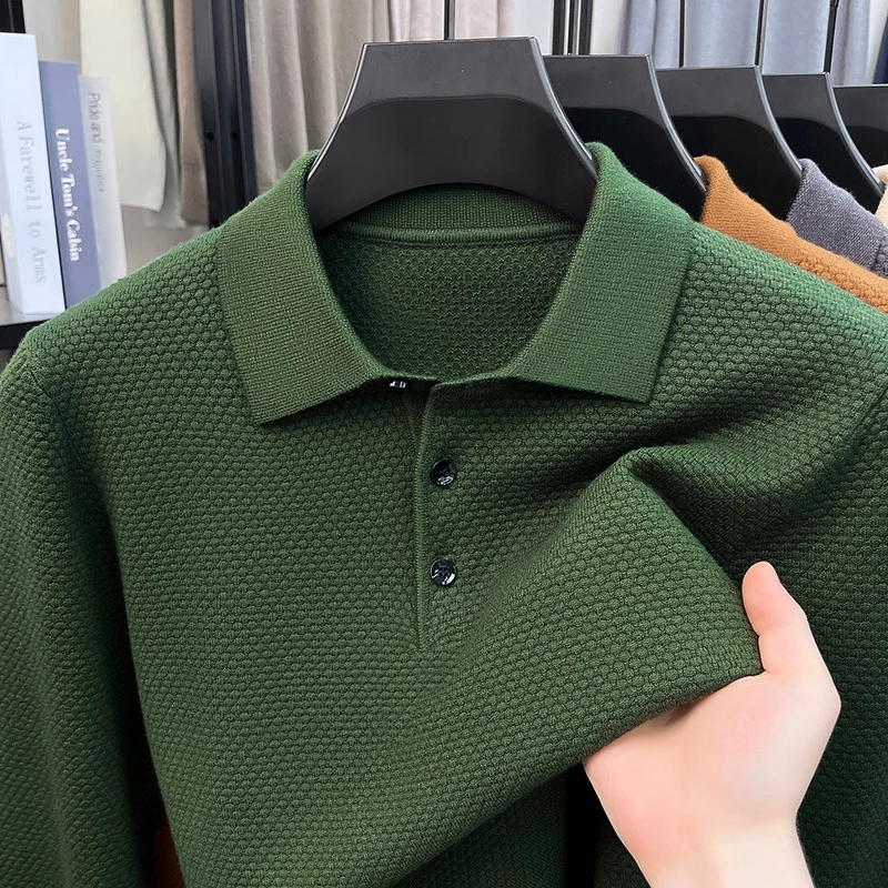 High Quality solid color knitted sweater men's new fashion casual autumn winter comfort luxury pineapple pattern lapel pullover