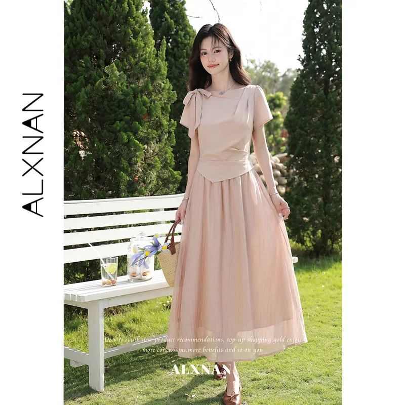 ALXNAN Short Sleeve Pink Dress French Style Irregular Neckline One Side Bow Tie A-line Hem Female Clothing Summer L666108A