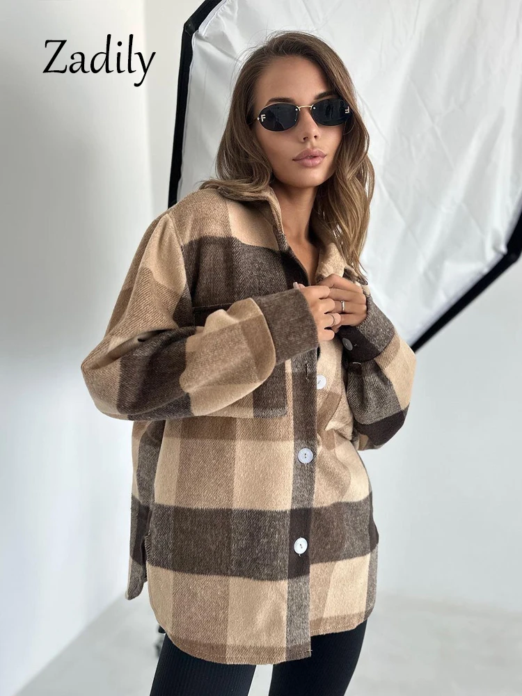 2024 Winter Oversize Long Sleeve Women Basic Plaid Shirt Minimalist Button Up  Brushed  Blouses Casual Warm Cardigan Coat