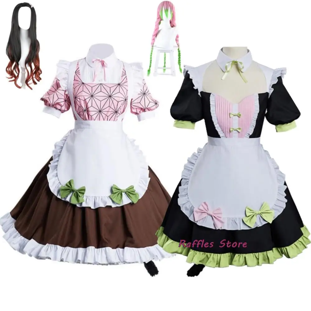 Anime Kamado Nezuko Kanroji Mitsuri Cosplay Costume Wig Maid Uniform Lolita Dress Hallowen Suit