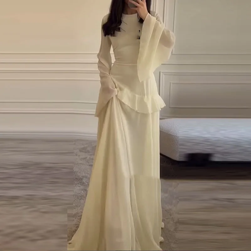 New Flare Long Sleeve Autumn Dresses Spring Fashion Solid Ruffle A-Line Boho Dress French Elegant O Neck Slim Long Party Dress