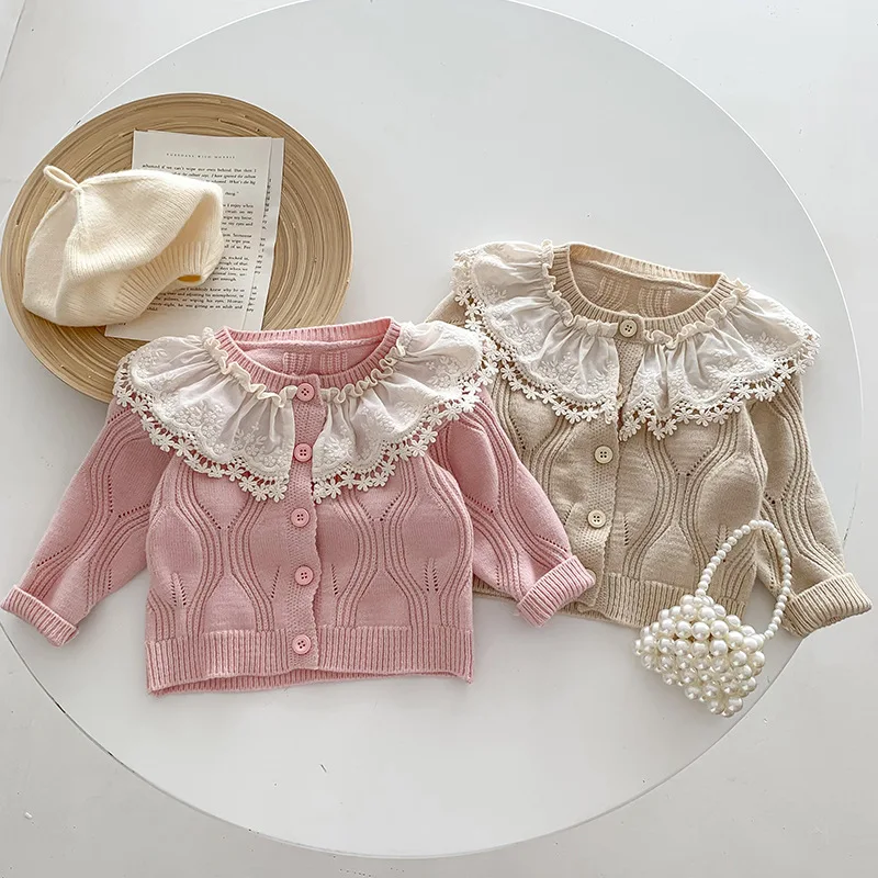 Ins Autumn Winter Baby Girls Sweater Cotton Knitted Lace Collar Long Sleeve Infant Girls Coat Loose Warm Toddler Girls Cardigan