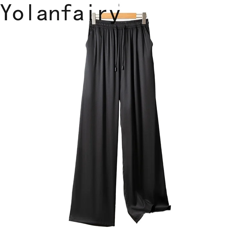 YOLANFAIRY 93% Mulberry Silk 7% Spandex Wide Leg Pants Woman Summer High Waist Smooth Satin Pants Trousers Black Pants De Mujer